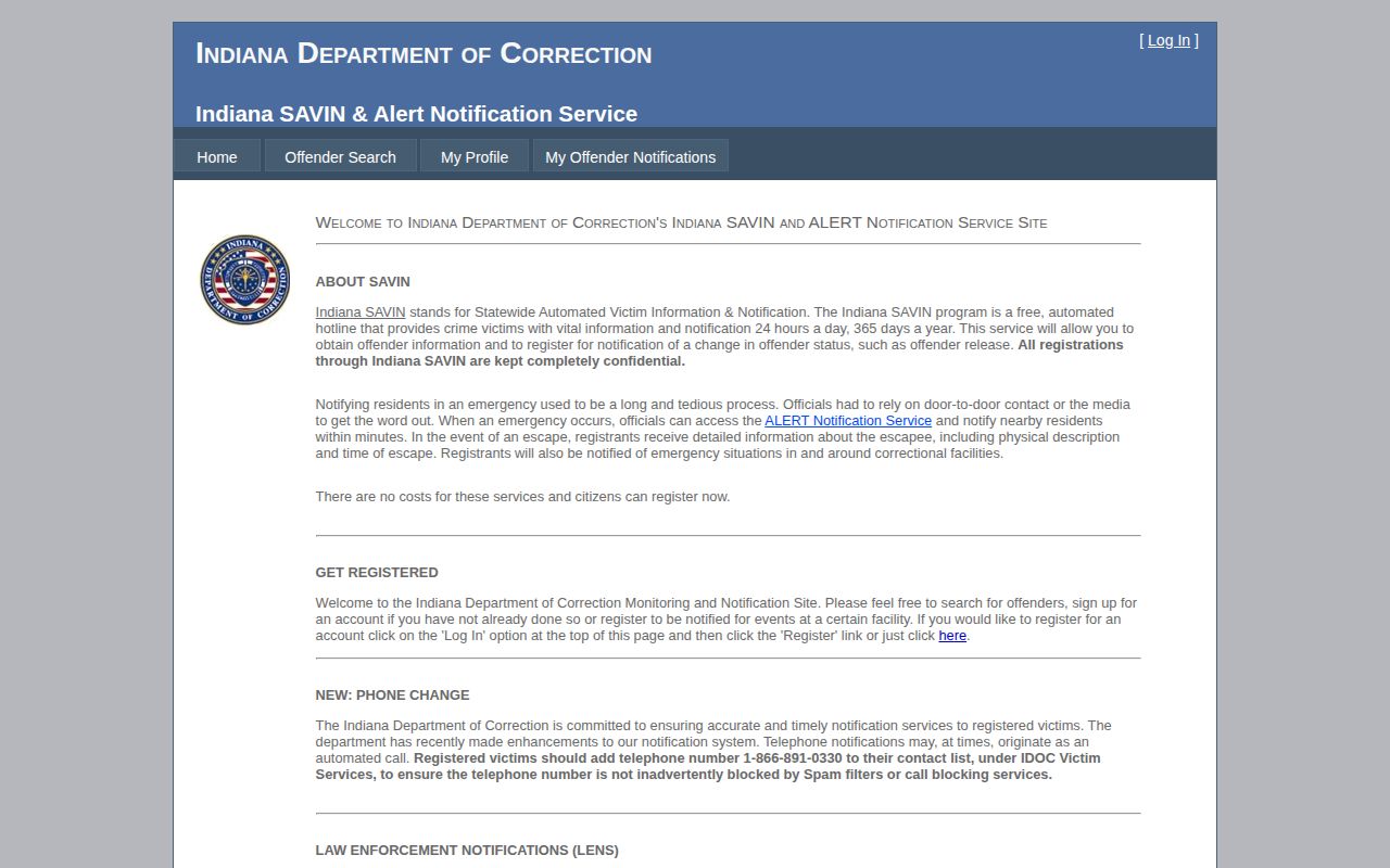 Indiana SAVIN custody status and notification service