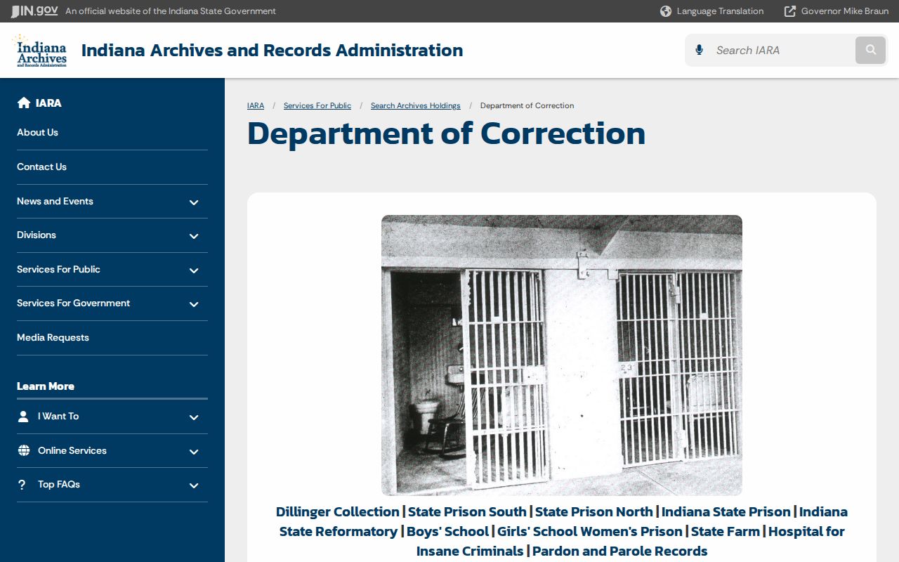 Indiana State Archives correctional records page for old custody records