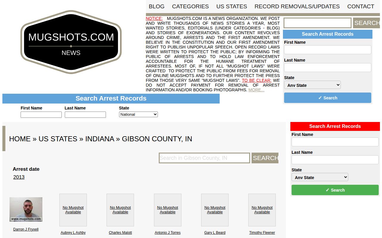Unofficial Mugshots.com Gibson County page showing sparse historical coverage