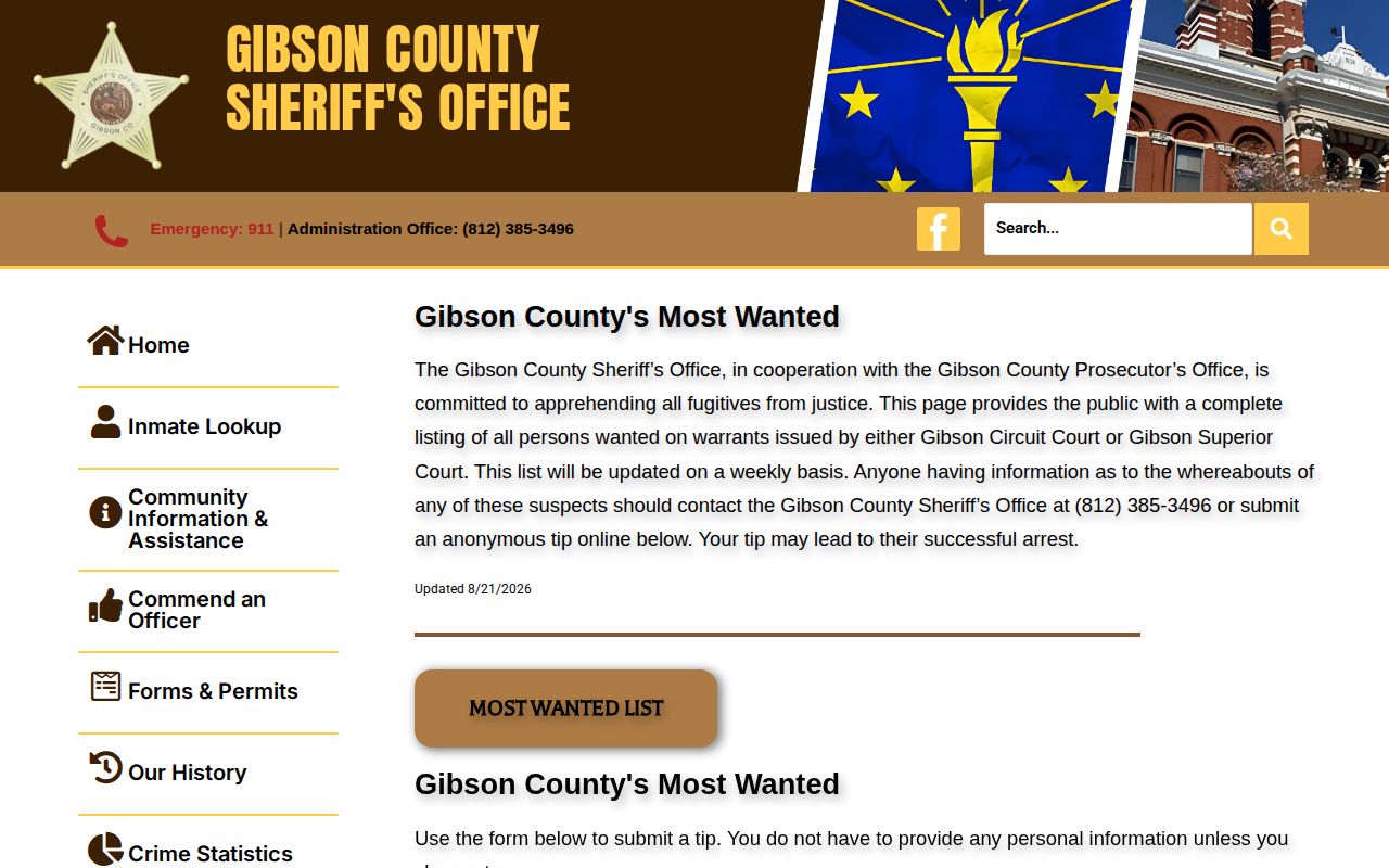 Gibson County Sheriff's Office official Most Wanted landing page